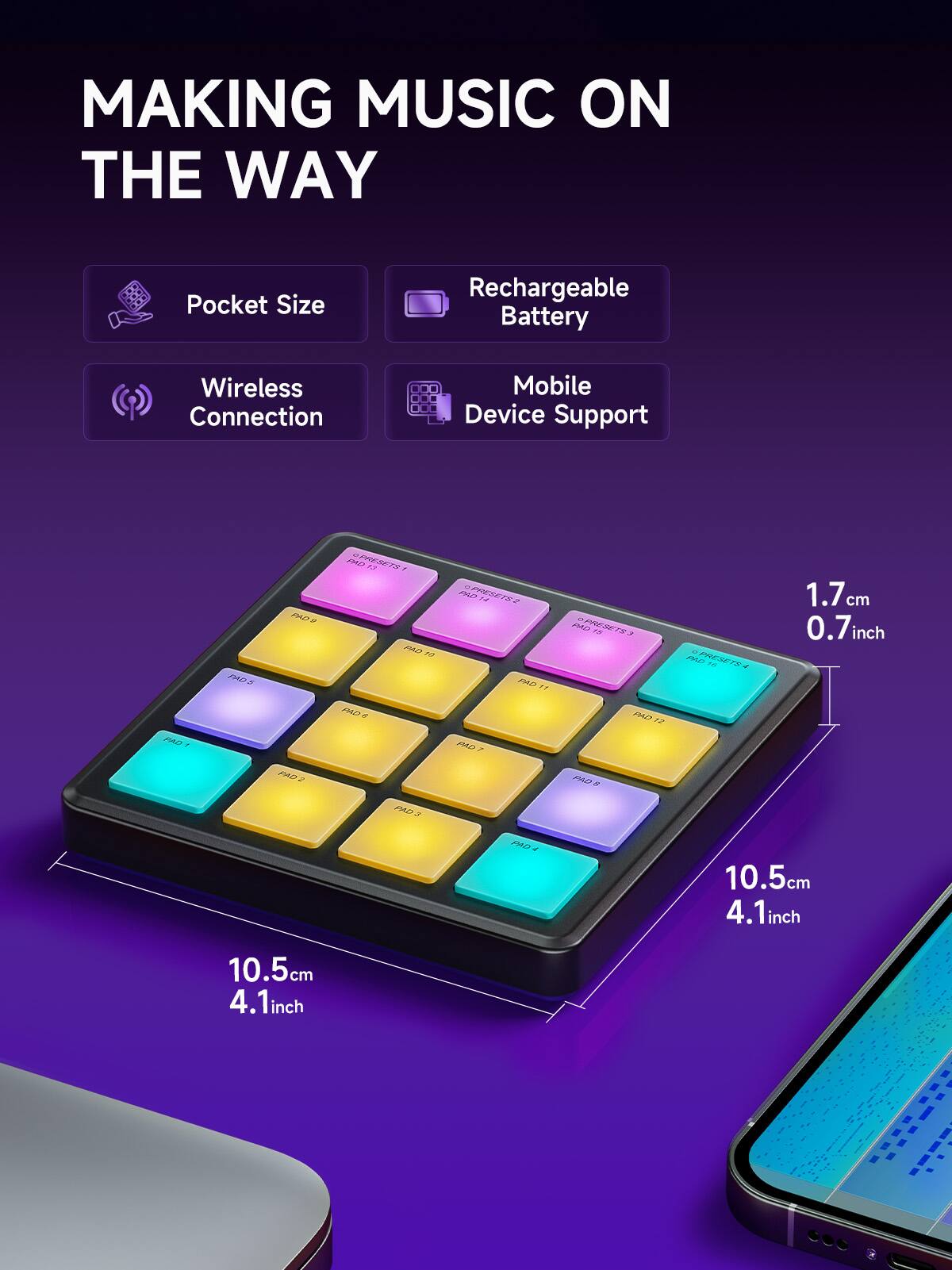 MAKING MUSIC ON THE WAY

- Pocket Size
- Rechargeable Battery
- Wireless Connection
- Mobile Device Support

1.7 cm (0.7 inch)
10.5 cm (4.1 inch)
