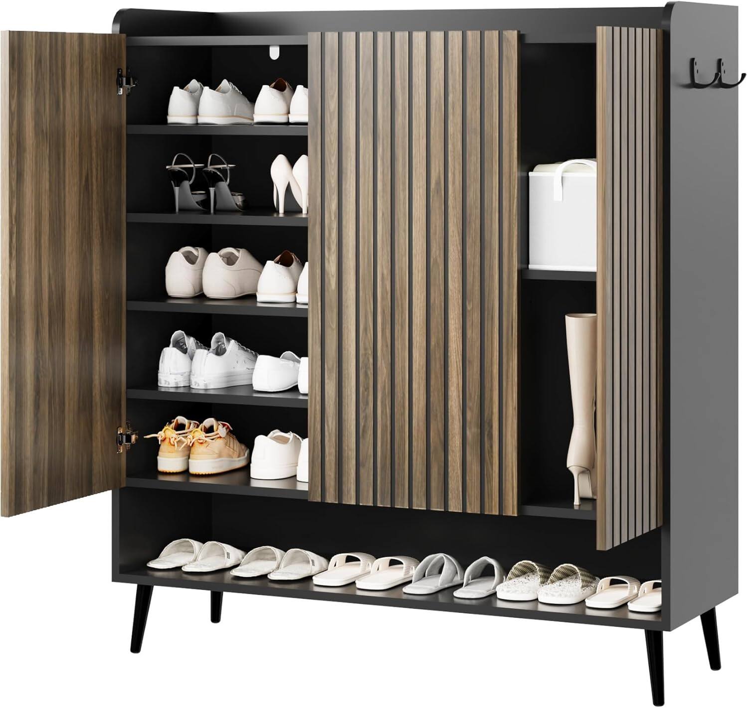Alt View 4. Homhougo - Large Shoe Cabinet with Doors，6-Tier Shoe Organizer with 3 Doors & Additional Hooks for Hallway, Entryway, Living - Black.