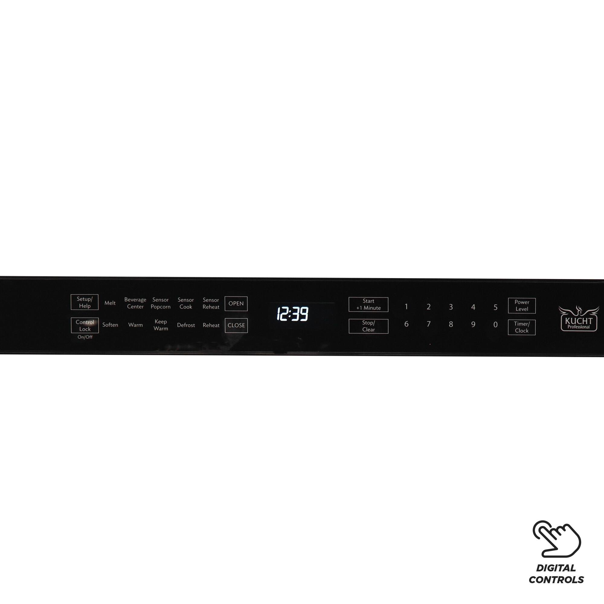 Setup/ Beverage Sensor Sensor Meli OPEN Help Center Popcorn Cook Reheat Control Soften Keep Warm Defrost Reheat CLOSE Lock Warm On/Off 12:39 Start + Minute Stop Clear 1 6 2 7 3 8 4 9 5 0 Power Level Timer Clock KUCHT Peoinna DIGITAL CONTROLS