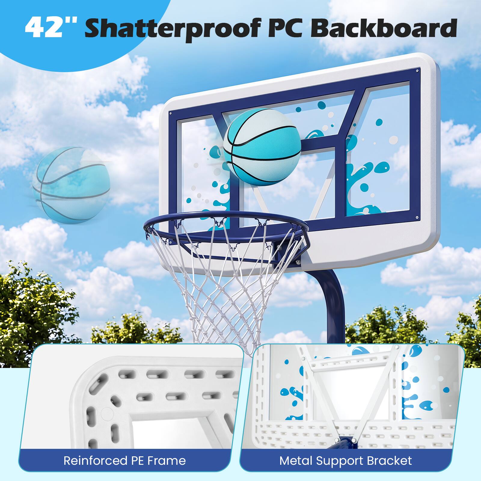 42" Shatterproof PC Backboard Reinforced PE Frame Metal Support Bracket