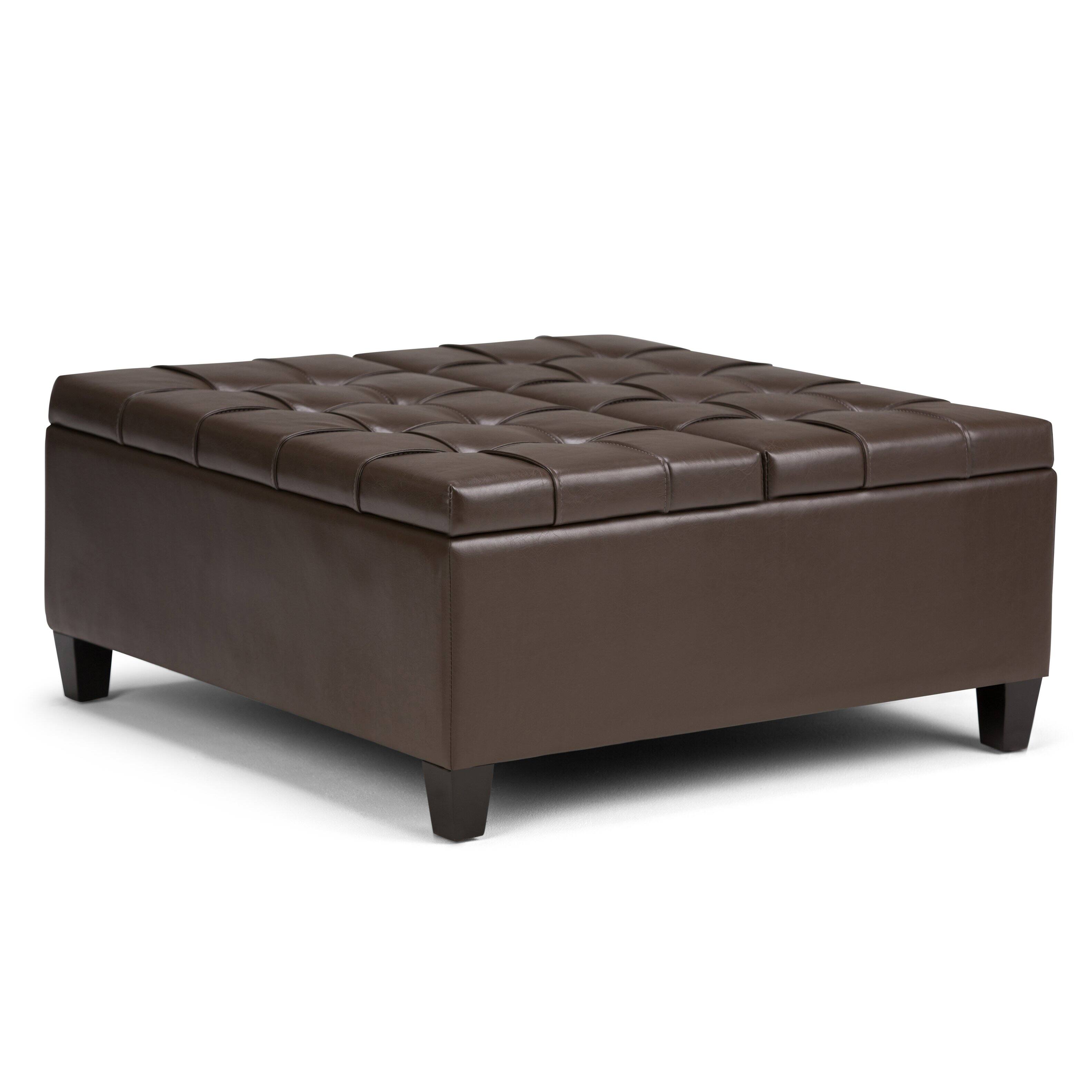 Angle. Simpli Home - Harrison 36 inch Wide Transitional Square Coffee Table Storage Ottoman in Chocolate Brown Faux Leather - Chocolate Brown.