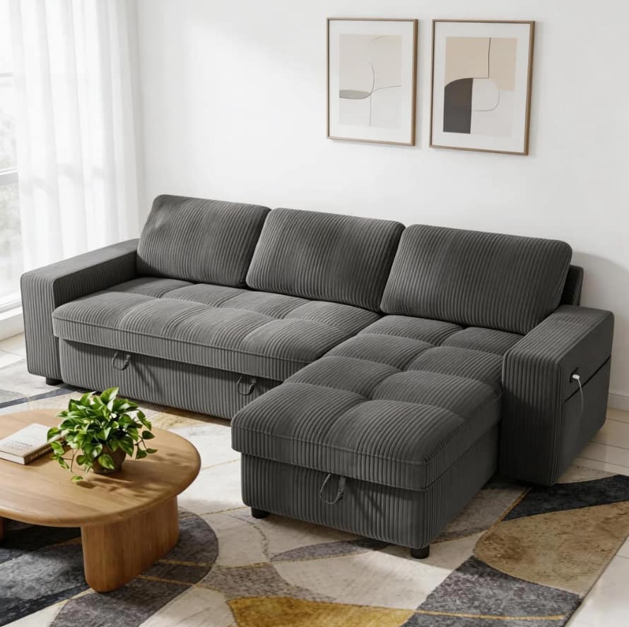Dyonery - 81" L Shaped Couch Sleeper Sofa, Pull Out Couch with Reclining Backrest, Reversible Storage Chaise, USB Ports - Gray
