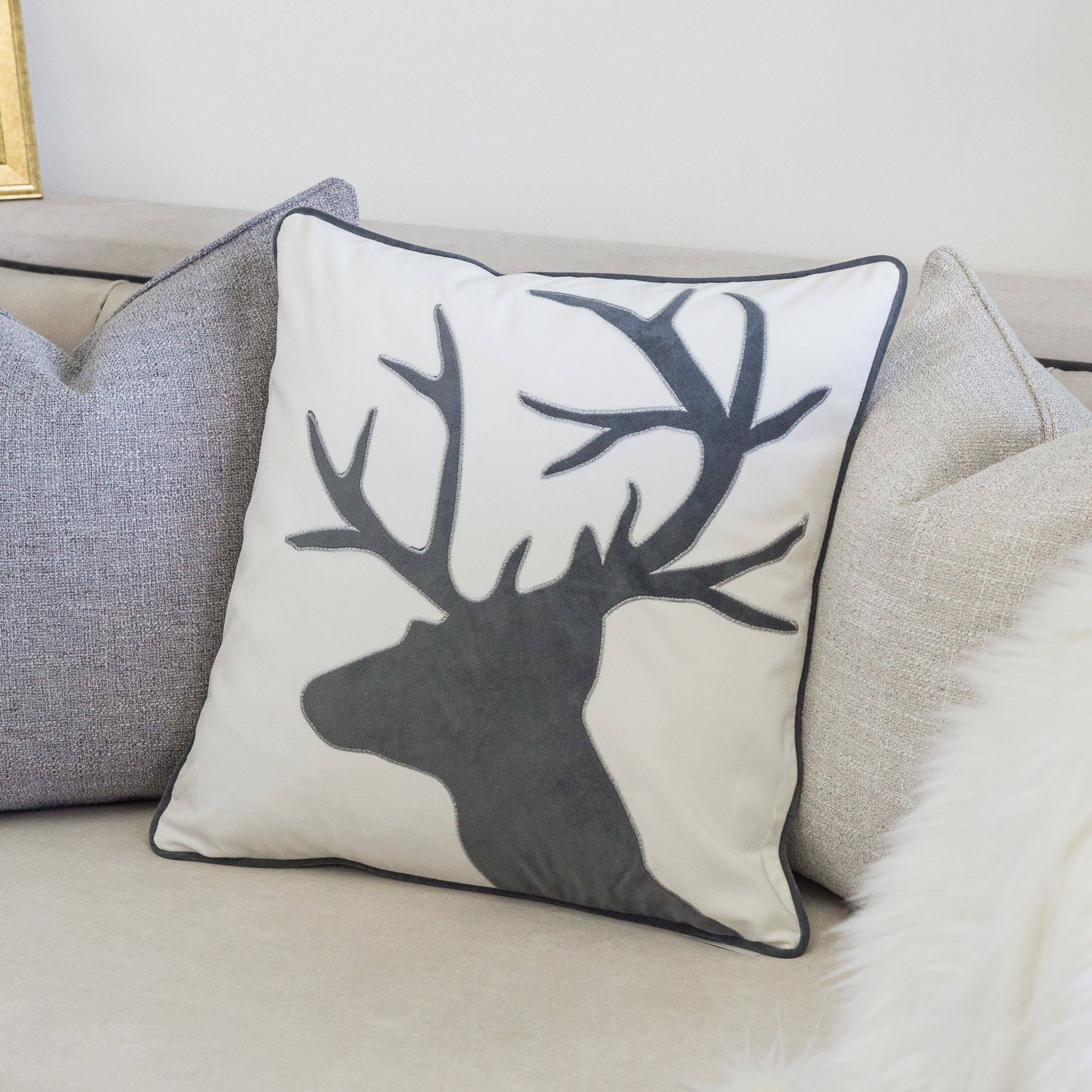 Left. LuXeo - Holiday Reindeer Shiny Linen Square Velvet Pillow Cover and Insert - WHITE.