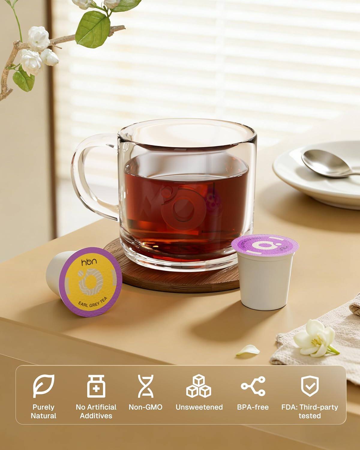 hn O TEA EARL GREY  
Purely Natural  
No Artificial Additives  
Non-GMO  
Unsweetened  
BPA-free  
FDA: Third-party tested