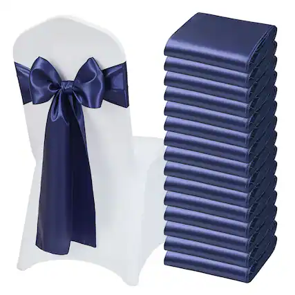 Front. VEVOR - Satin Chair Sashes Bows, 50PCS Chair Ribbon Ties Back Sash, 7 x 108 inch, Navy Blue Wedding Reception Decoration - Blue.