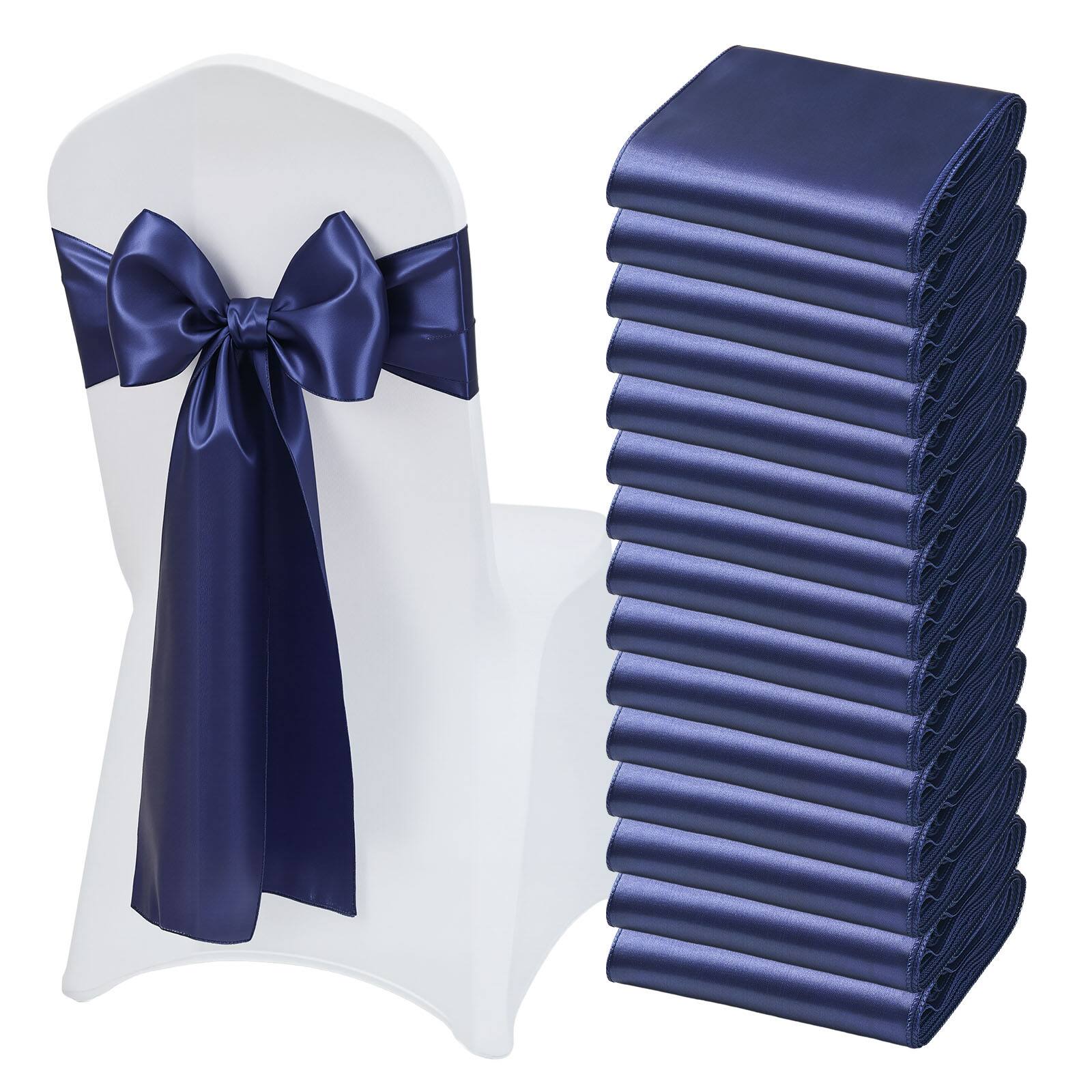Front. VEVOR - Satin Chair Sashes Bows, 50PCS Chair Ribbon Ties Back Sash, 7 x 108 inch, Navy Blue Wedding Reception Decoration - Blue.