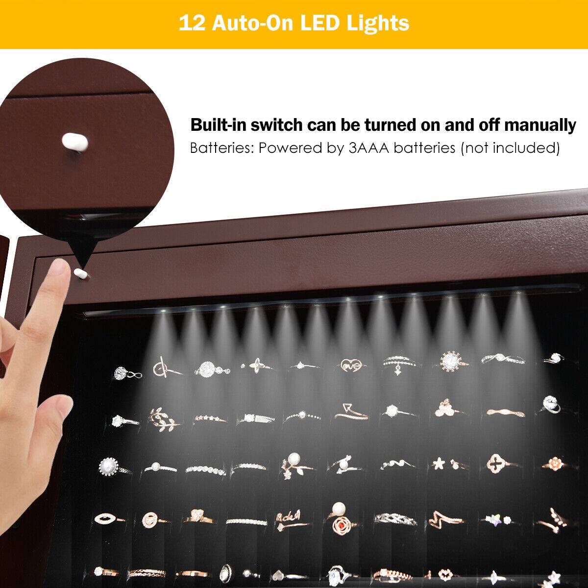 12 Auto-On LED Lights: Built-in switch can be turned on and off manually. Batteries: Powered by 3 AAA batteries (not included).