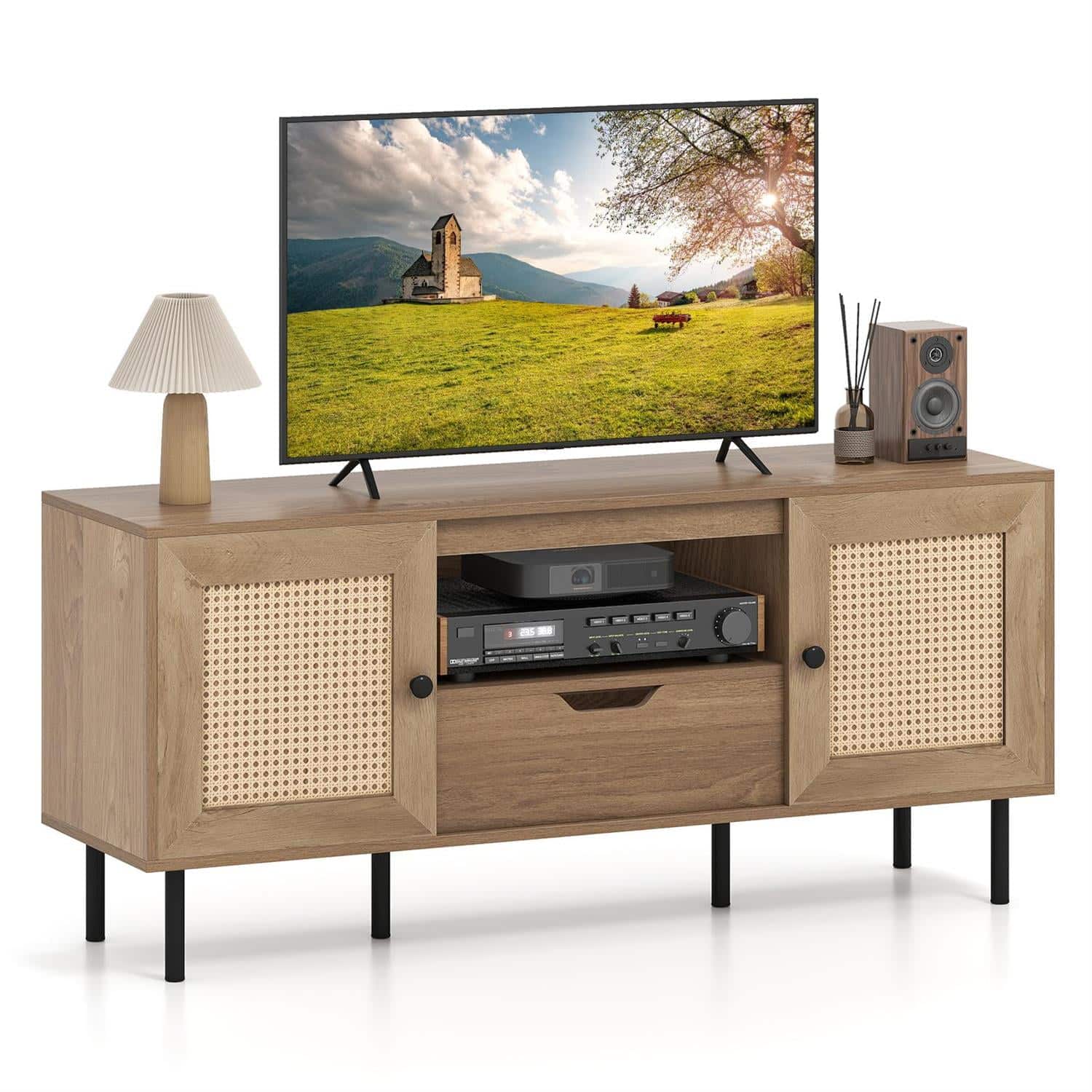 Pefilos - Boho Style TV Stand, 60" TV Compatible, PE Rattan Finish, Storage Cabinets & Single Drawer, Natural TV Cabinet - Brown