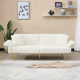 Loheer - 79 Inch Corduroy Sofa Bed Foldable Double Sleeper Sofa with Adjustable Armrests for Small Spaces - White