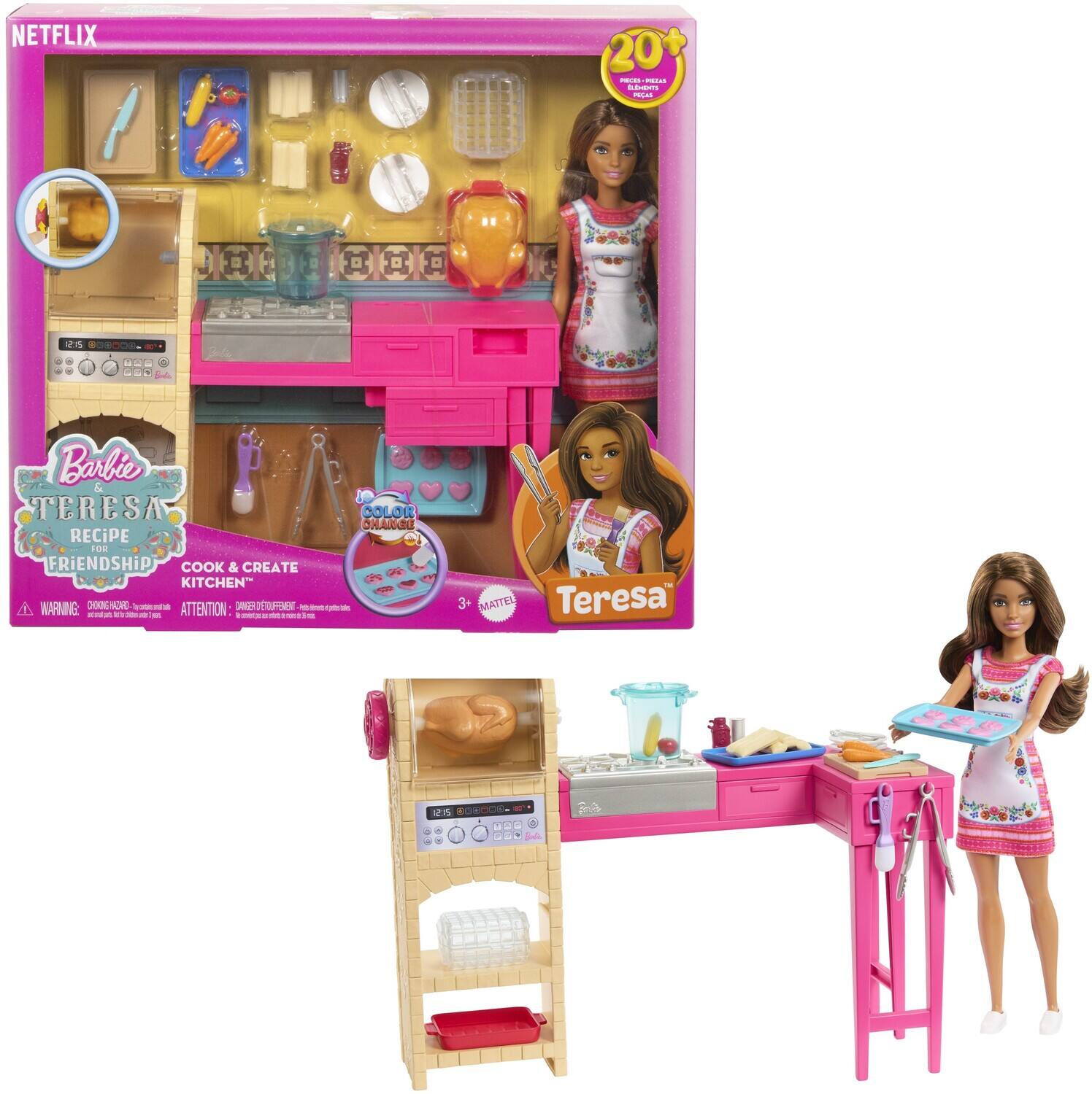 NETFLIX

Barbie Teresa Recipe Friendship Cook & Create Kitchen

20+ Pieces! Play Food & Recipes

Teresa

WARNING: CHOKING HAZARD - Small parts. Not for children under 3 years.

ATTENTION: PELIGRO DE AHOGO - Piezas pequeñas. No apto para menores de 3 años.

COLOR CHANGE

3+