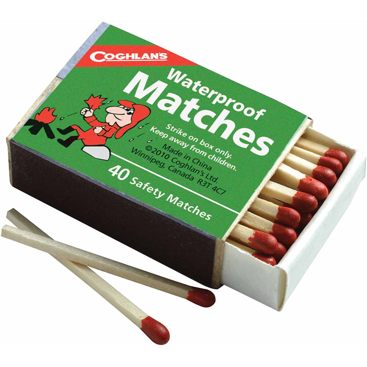 COGHLAN'S Waterproof Matches  
40 Safety Matches  
Made in China  
©2010 Coghlan's Ltd.  
Winnipeg, Canada R3T 4C7  
Strike on box only. Keep away from children.  
Made from box Winnipeg, 2010