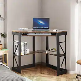 Vecelo - 41" Corner Computer Desk with Keyboard Tray & Storage Shelf - Triangle Space Saving Design, Metal Frame for Home Office - Antique Brown