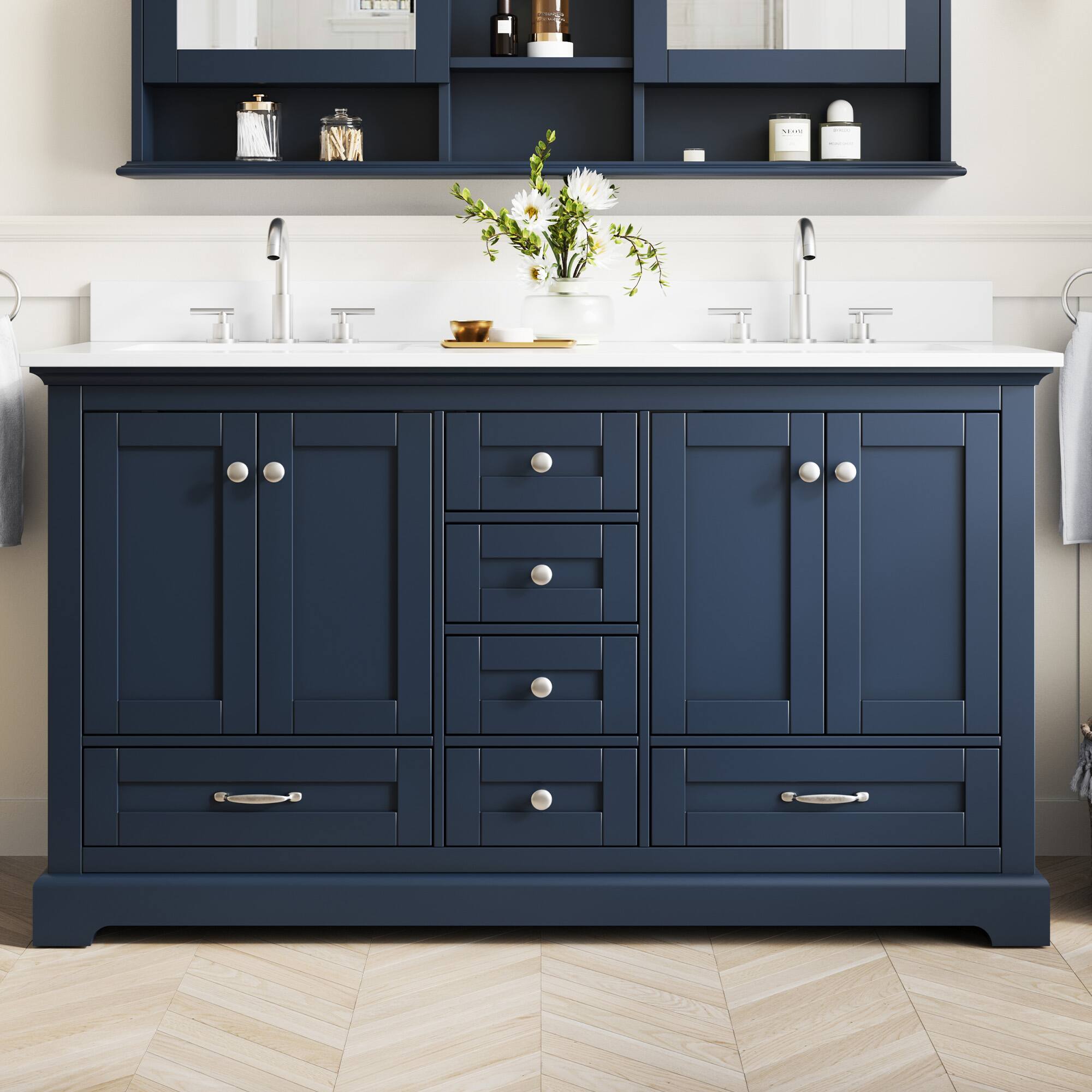 WELLFOR LVD 60 in. Solid Wood Double Sink Freestanding Bath Vanity with ...