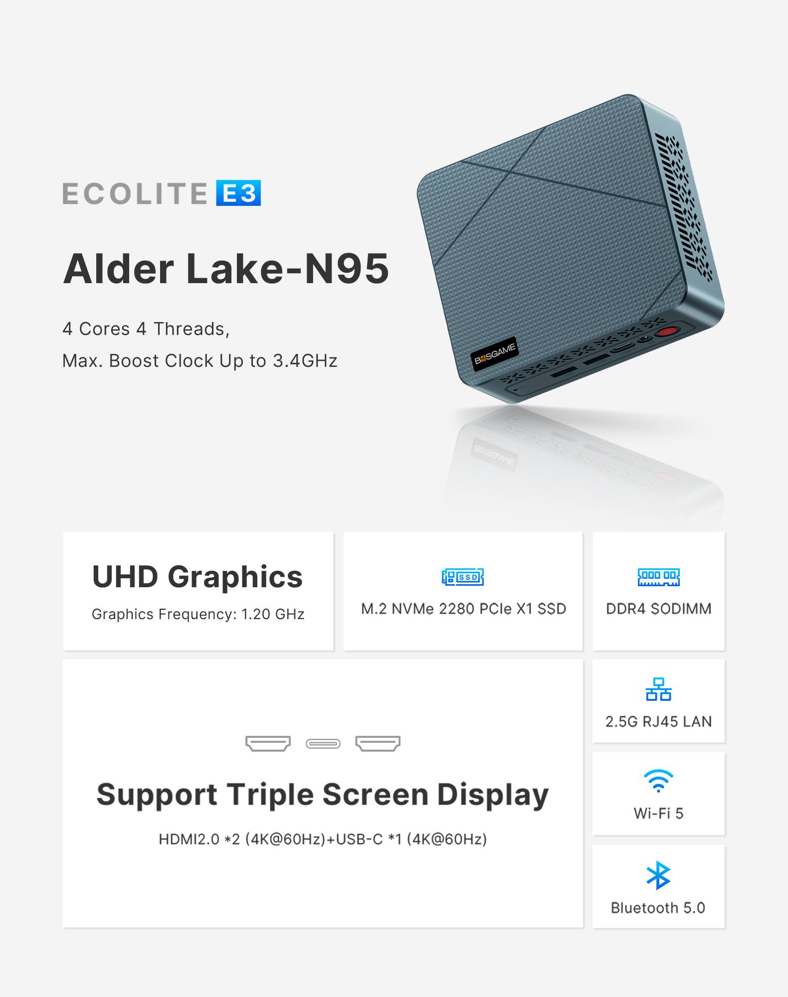 ECOLITE E3  
Alder Lake-N95  
4 Cores 4 Threads, Max. Boost Clock Up to 3.4GHz  

UHD Graphics  
Graphics Frequency: 1.20 GHz  

M.2 NVMe 2280 PCIe X1 SSD  
DDR4 SODIMM  
2.5G RJ45 LAN  

Support Triple Screen Display  
HDMI2.0 *2 (4K@60Hz) + USB-C *1 (4K@60Hz)  

Wi-Fi 5  
Bluetooth 5.0