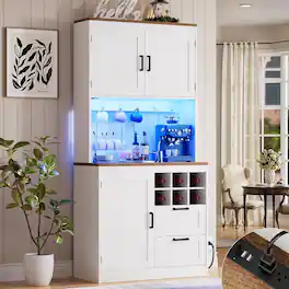 Aheaplus - 72'' Tall Pantry Cabinet with 2 Drawers & Grid Wine Rack, Storage Cabinet with Power Outlets & LED Lights - White & Brown