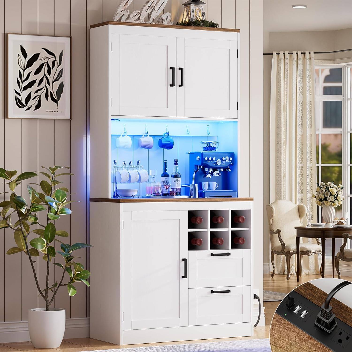 Front. Aheaplus - 72'' Tall Pantry Cabinet with 2 Drawers & Grid Wine Rack, Storage Cabinet with Power Outlets & LED Lights - White & Brown.