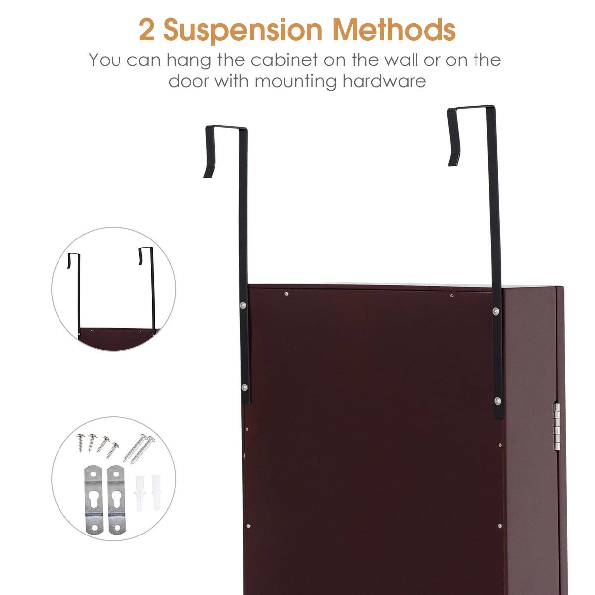 2 Suspension Methods: You can hang the cabinet on the wall or on the door with mounting hardware.