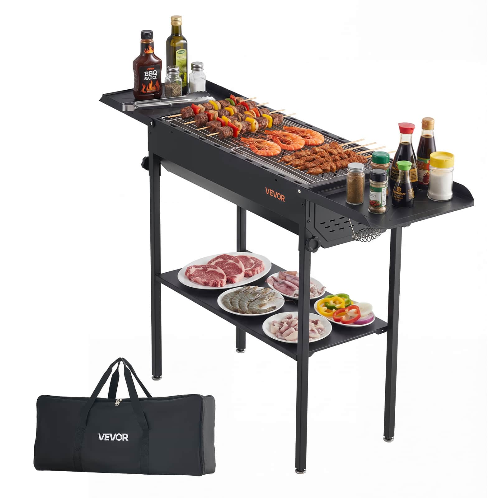 VEVOR - Foldable Charcoal Grill, Portable Charcoal Barbecue Grill with Adjustable Height & Folding Side Tables, High-Temp - Black