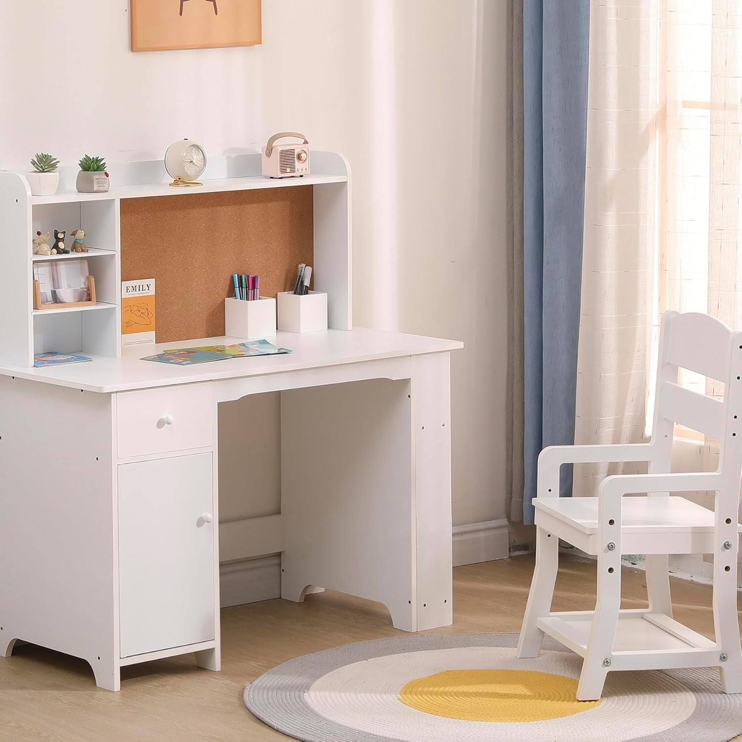 Front. Homhougo - Desk and Chair Set - Study Table with Storage Shelf and Bulletin Board, White - White.