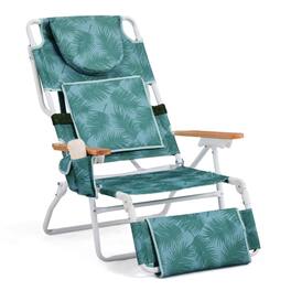 Winado - 40in Beach Tanning Chair 3in1 with Face Hole Reclining Lounge, Foot Rest, Cup Holder, Storage Bag, for Outdoor Beach - Green Leaf