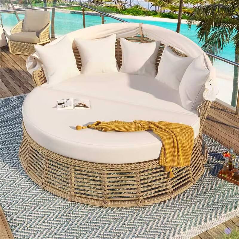 Angle. Whisen - Outdoor Wicker Round Daybed with Retractable Canopy, Patio Furniture Sunbed with Cushions for Poolside - Beige.