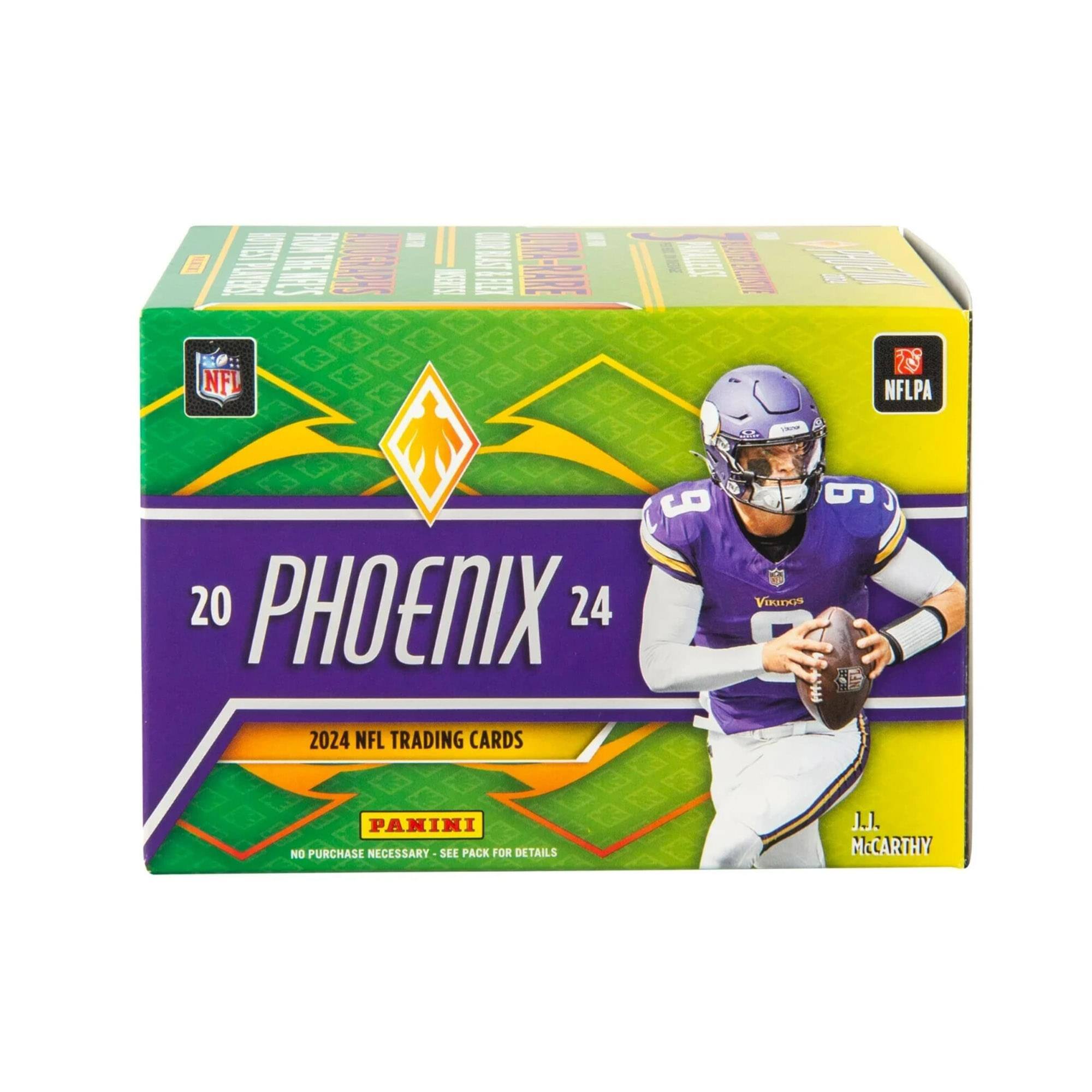 Sure, here is the corrected and grouped text from the image:

---

**PHOENIX 2024**

**2024 NFL TRADING CARDS**

**PANINI**

**NO PURCHASE NECESSARY - SEE PACK FOR DETAILS**

**J.J. MCCARTHY**

**NFL**

**NFLPA**

**20**

**24**

---

This text is grouped and corrected based on the visible elements in the image.