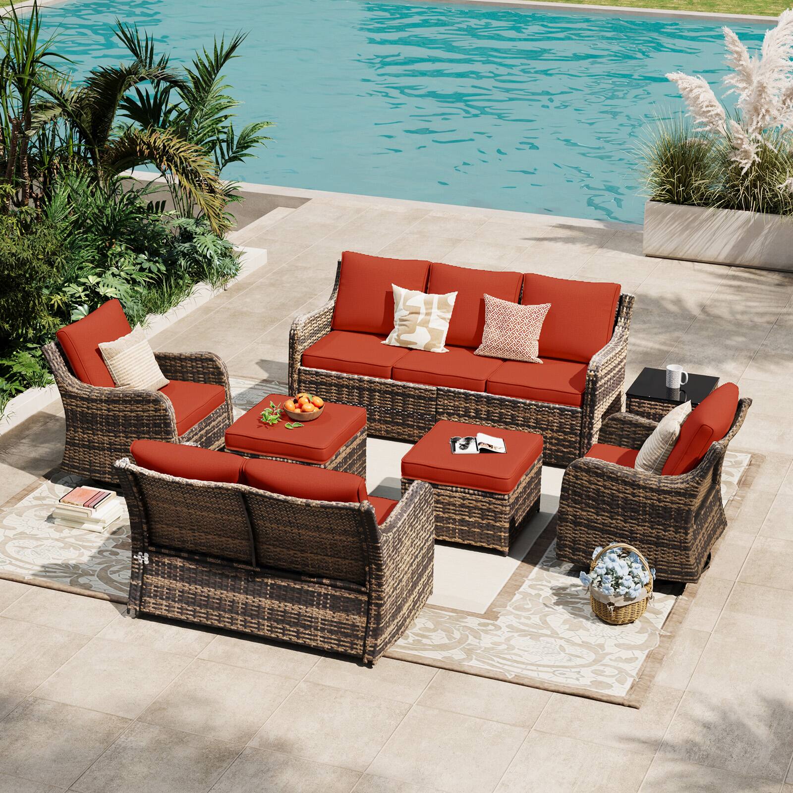 Left. Yardgrace - 7 Pieces Patio Swivel Chair Set Wicker Sofa Rattan Conversation Three Seat Sofa 2 Ottomans Loveseat Lawn Backyard - Red.