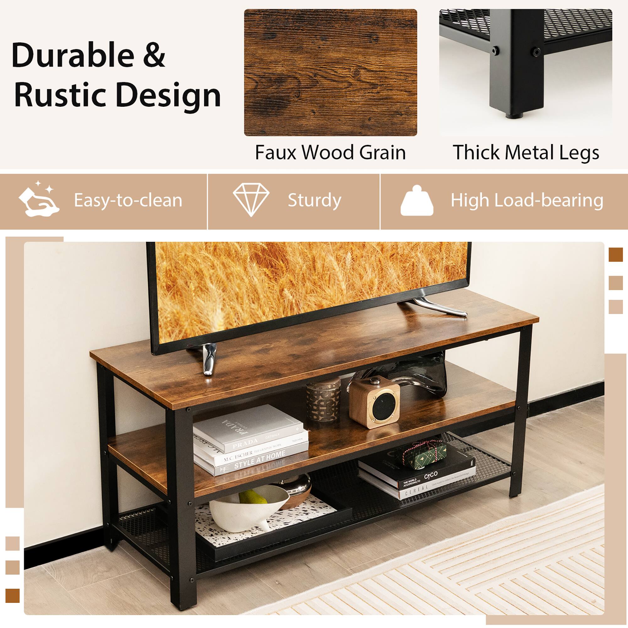 Durable & Rustic Design Faux Wood Grain Thick Metal Legs Easy-to-clean Sturdy High Load-bearing