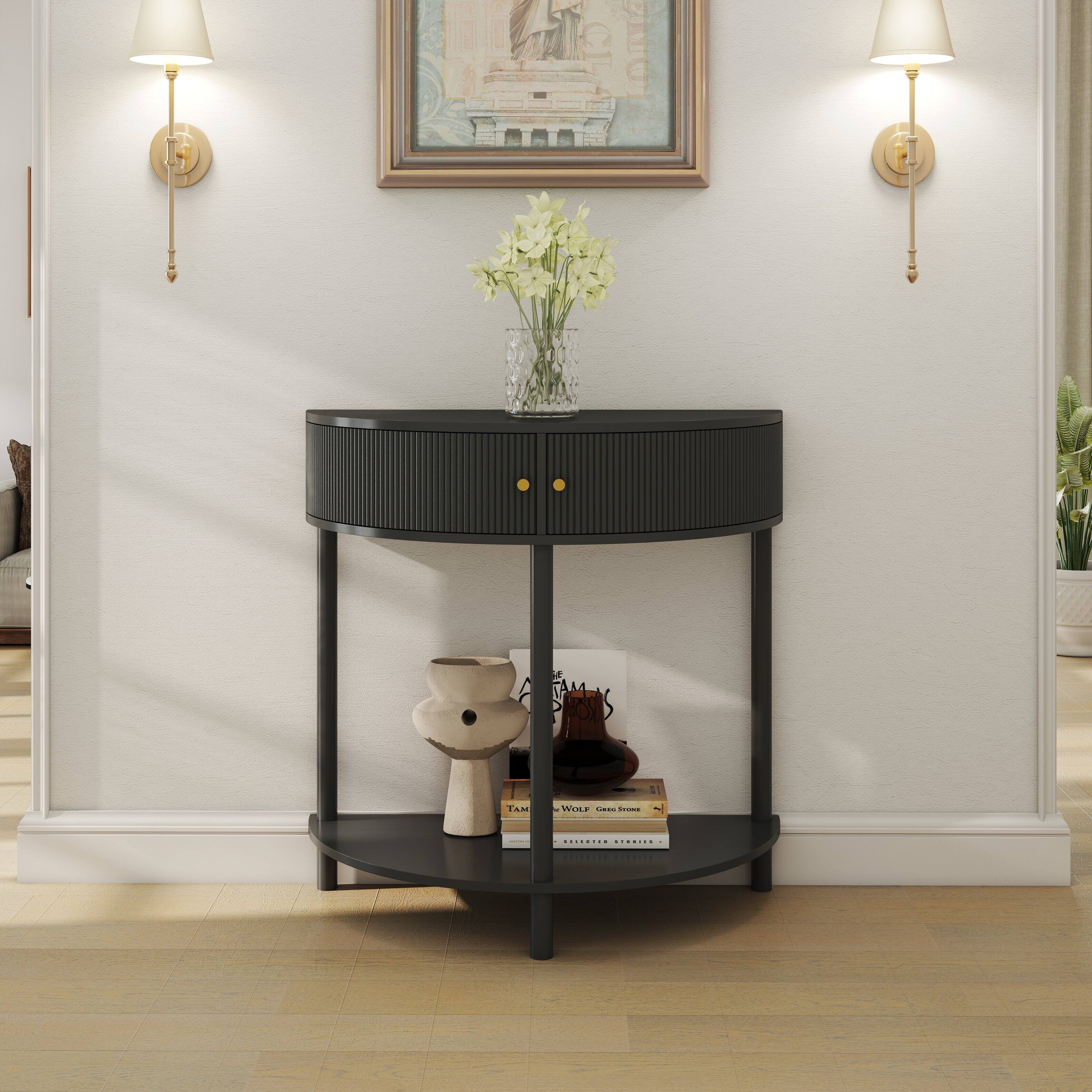 Alt View 1. Tiramisubest - Artisan-Crafted Demi-Lune Console Table with Dark Gray Finish,Unique Half Moon Design End Table with 2 Drawers and Shelf - Dark Gray.