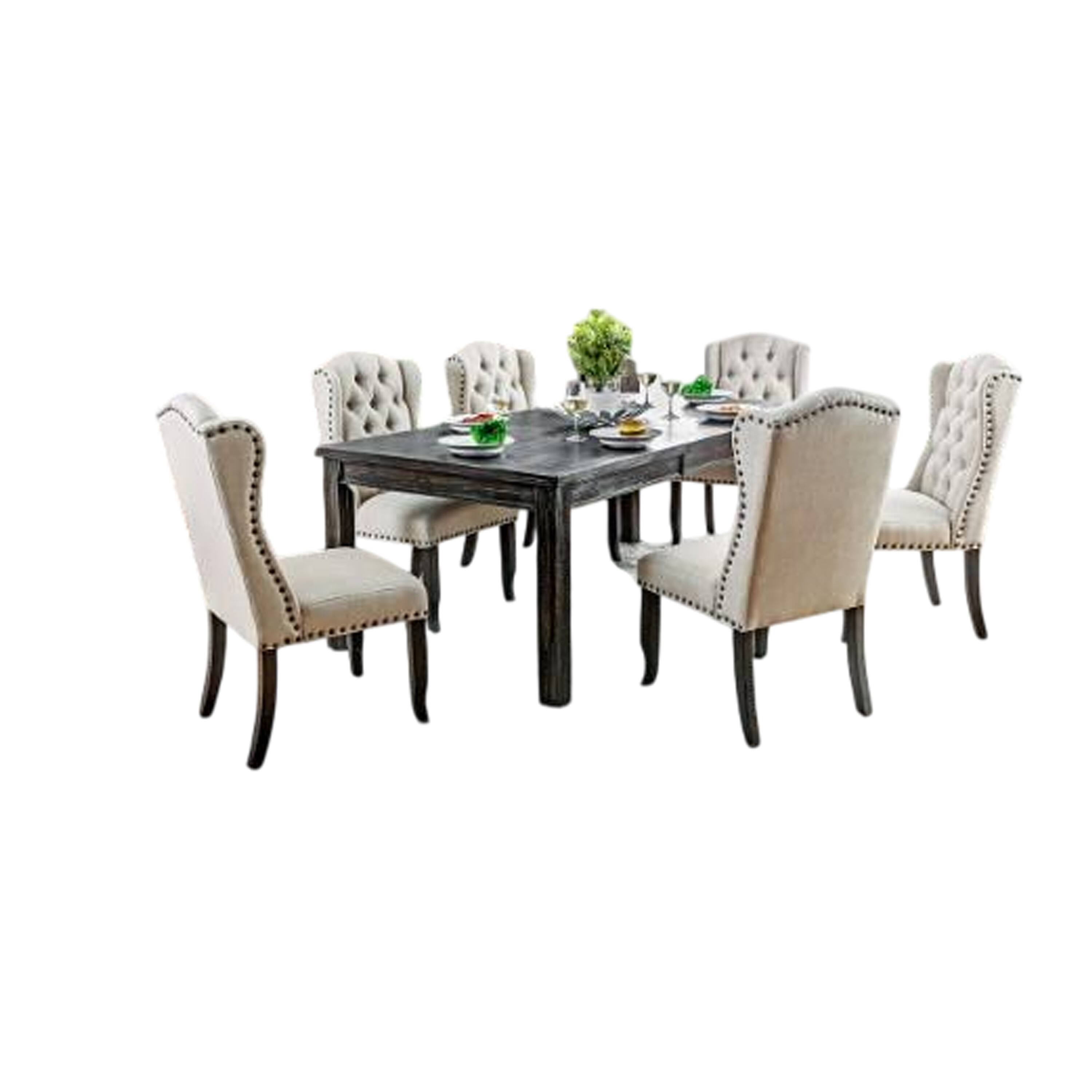 Alt View 1. Manhattan Lane - Bega 7pc Dining Table and Wingback Chair Set, Beige Linen, Black Wood - Black, Beige.