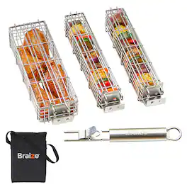 Braize - 3-Piece Stainless Steel Kabob Grilling Basket Set - Silver