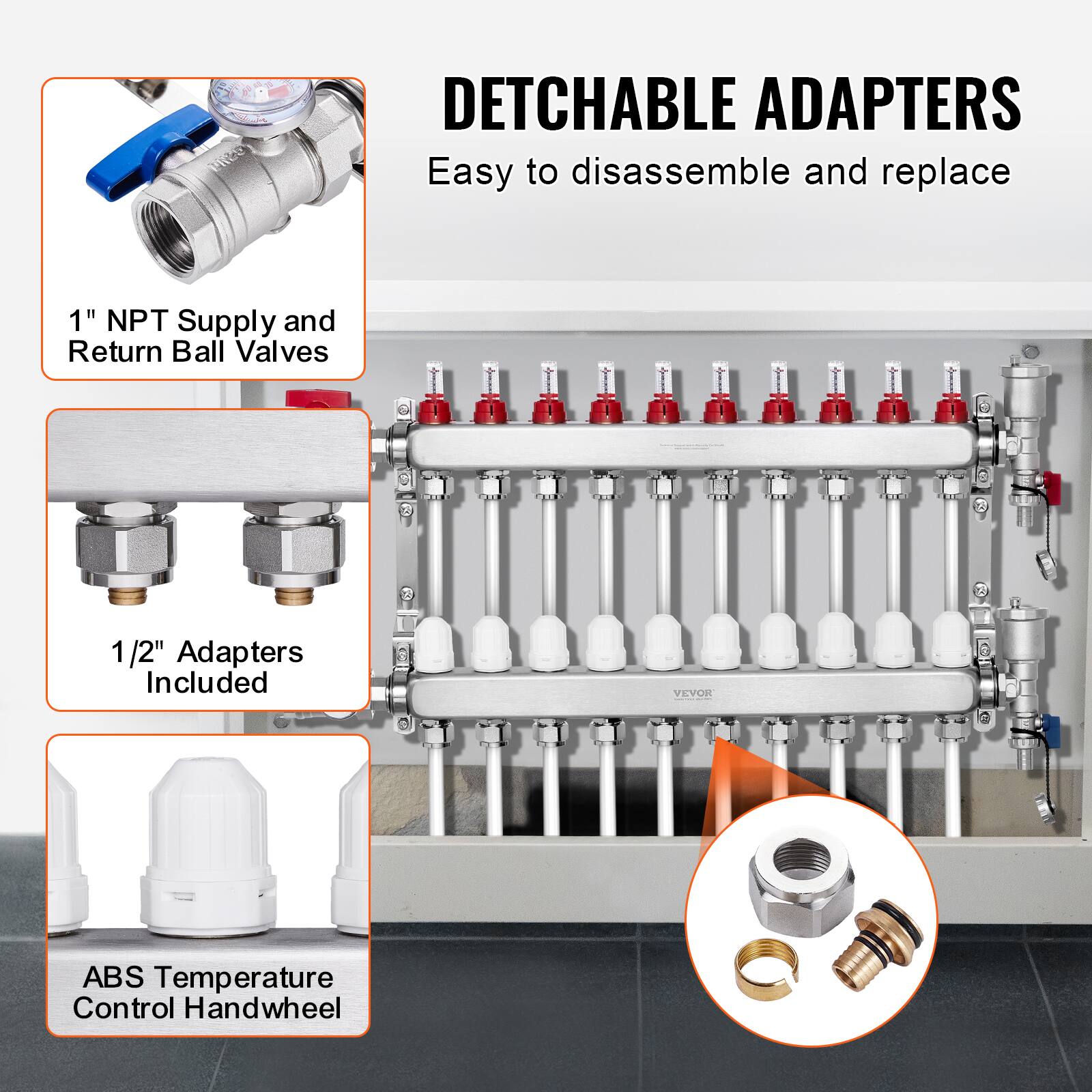 DETACHABLE ADAPTERS  
Easy to disassemble and replace

1" NPT Supply and Return Ball Valves

1/2" Adapters Included

ABS Temperature Control Handwheel