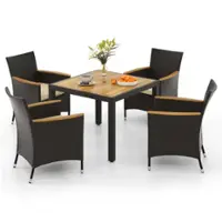 Costway - 5 PCS Patio Dining Table Set for 4 Rattan Conversation Set with Umbrella Hole - Brown + Natural - Front_Zoom