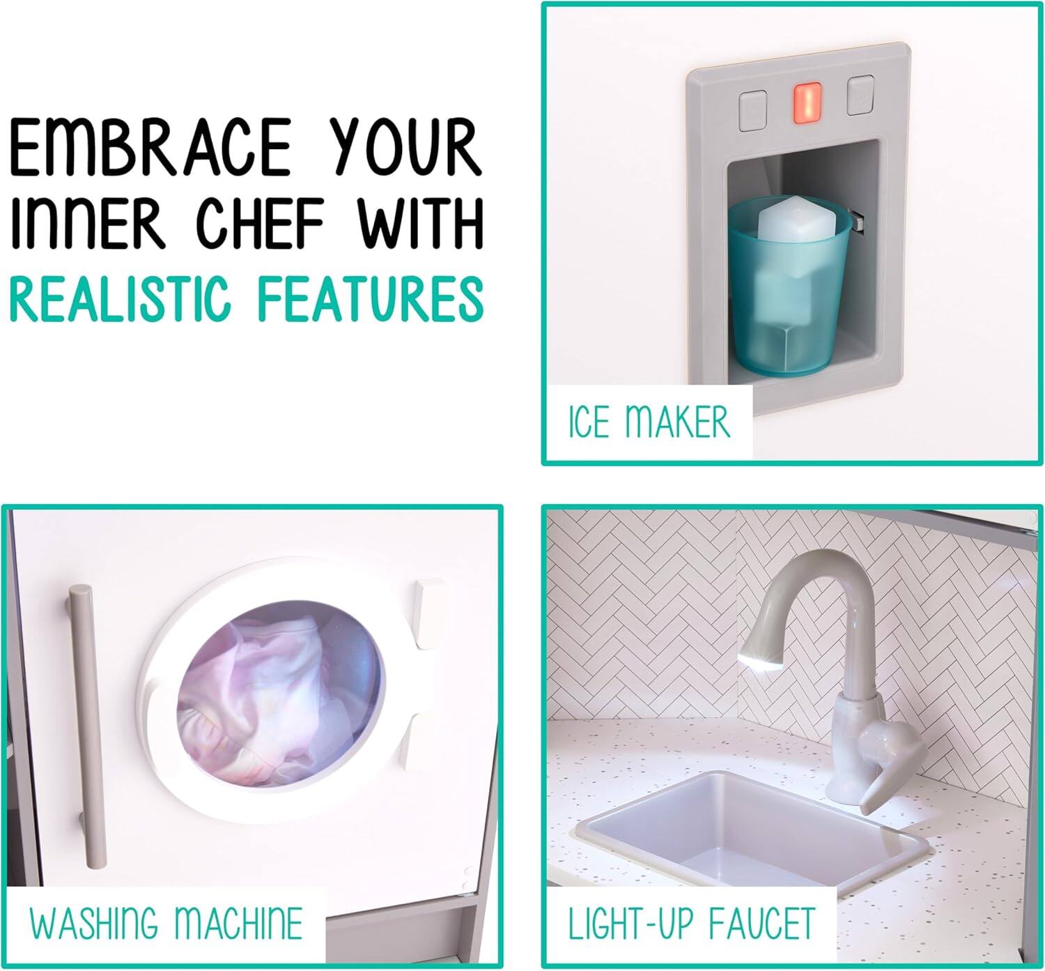 Embrace your inner chef with realistic features: ice maker, washing machine, light-up faucet.