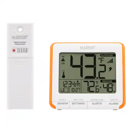 LA CROSSE TECHNOLOGY REMOTE SENSOR TEMPERATURE
LA CROSSE TECHNOLOGY OUTDOOR HI 43.2°F LO 48°F
INDOOR 12:34 PM F 72.6°F 48% WEB 10/27
SEARCH TIME J DATE TEMPERATURE SNOOZE SENSOR SETTINGS ALERTS ALARM