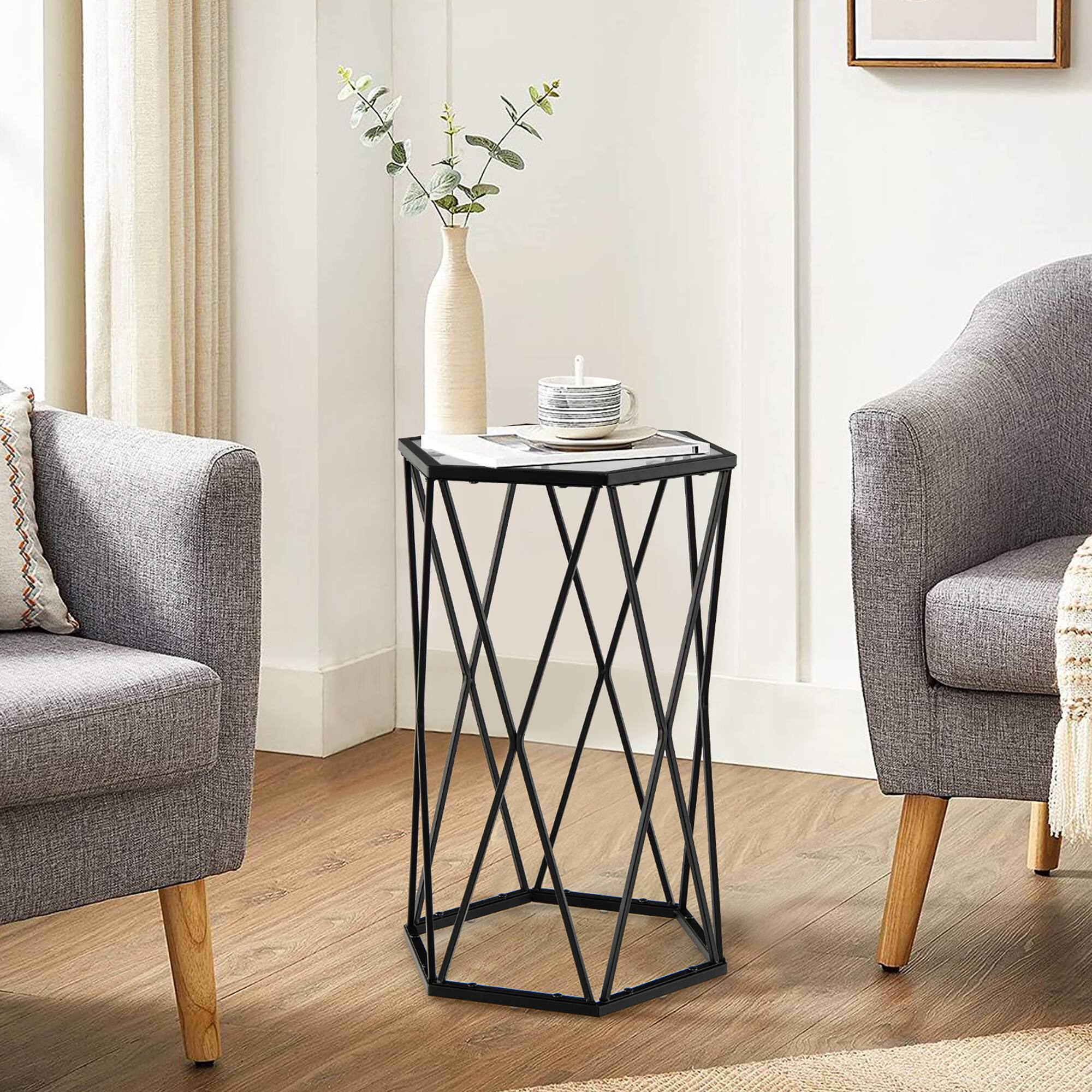 Alt View 1. Costway - Costway End Table Tempered Glass Top Metal Frame Hexagonal Accent Side Table Living Room - Black.