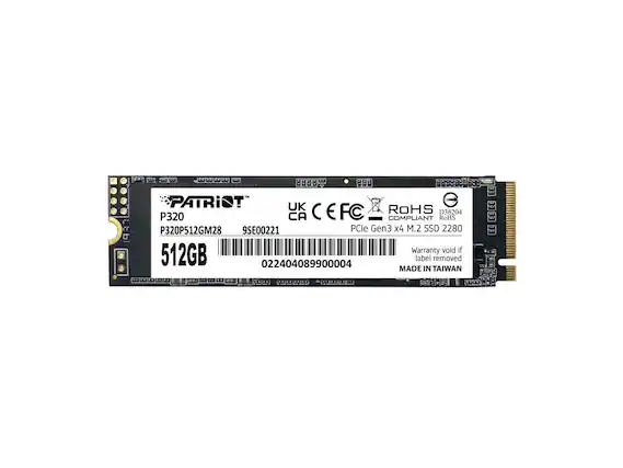 PATRIOT
P320
P320P512GM28
9SE00221
512GB
UK CE FC
ROHS
PCle Gen3 x4 M.2 SSD 2280
D36204
RoHS
Warranty void if label removed
MADE IN TAIWAN
022404089900004