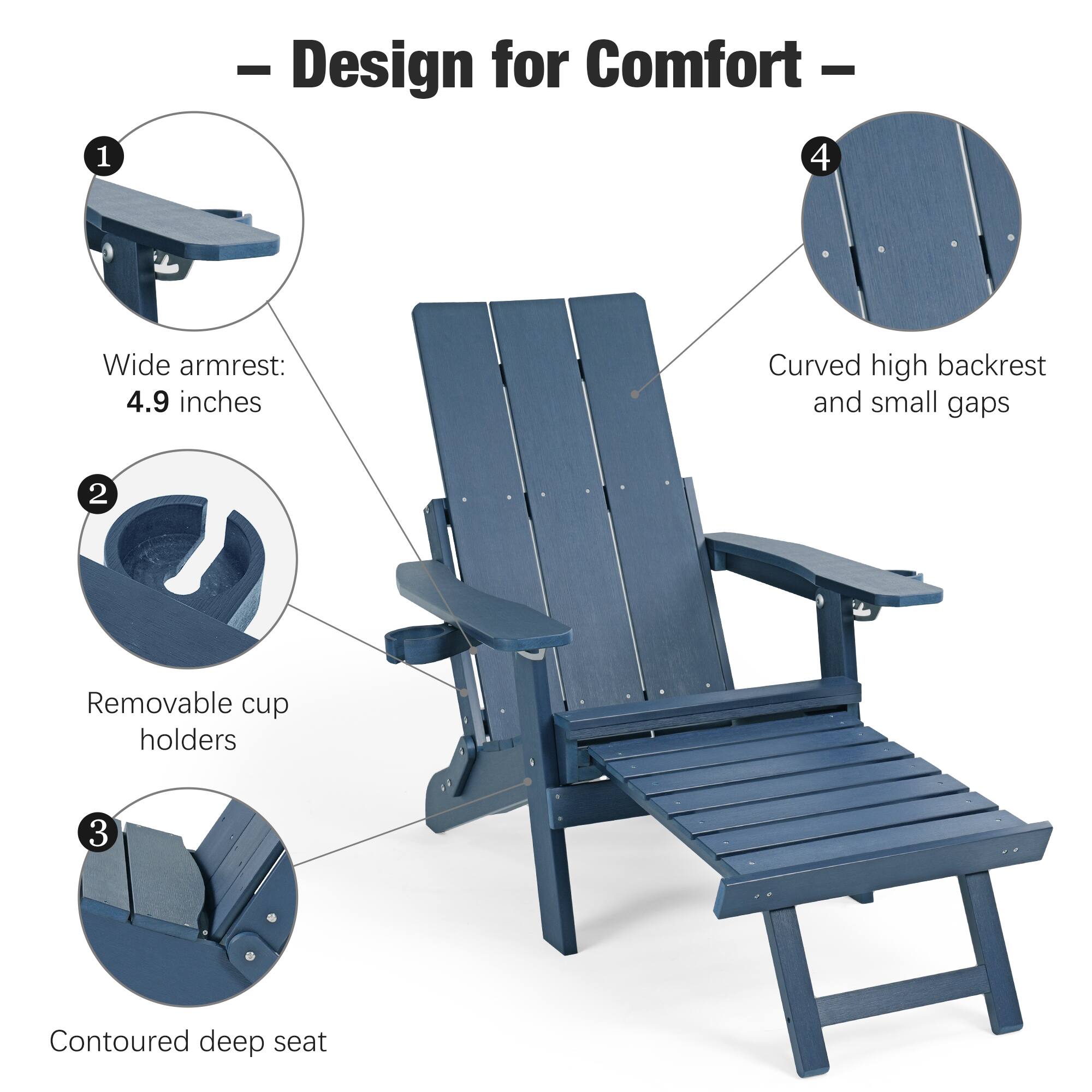 1. Design for Comfort
   - Wide armrest: 4.9 inches
   - Curved high backrest and small gaps
   - Removable cup holders
   - Contoured deep seat