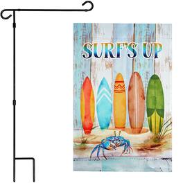 G128 - 36x16IN Garden Flag Stand & 12x18 Surfs Up Surfboard Flag Kit - Black