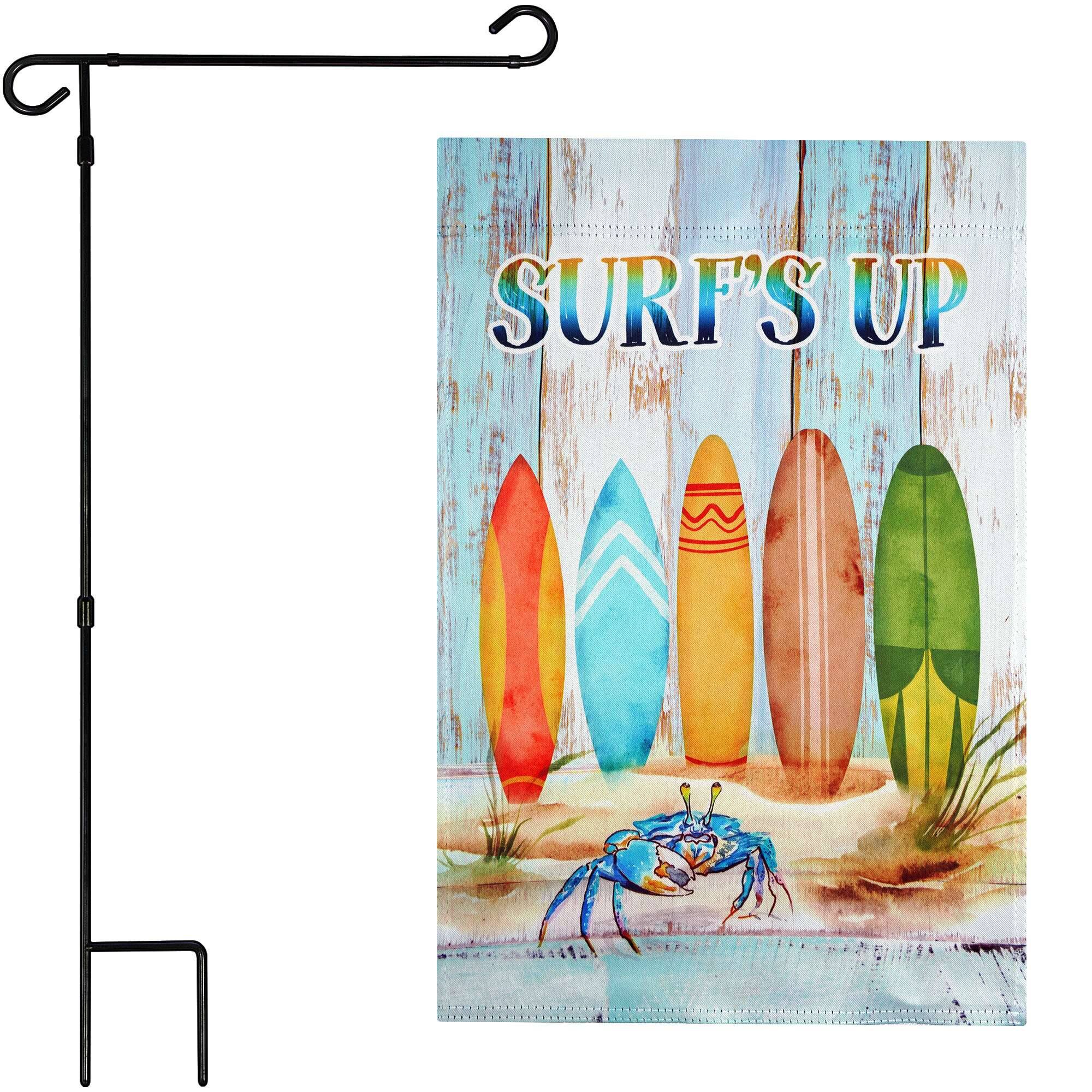 Front. G128 - G128 36x16IN Garden Flag Stand & 12x18 Surfs Up Surfboard Flag Kit - Black.