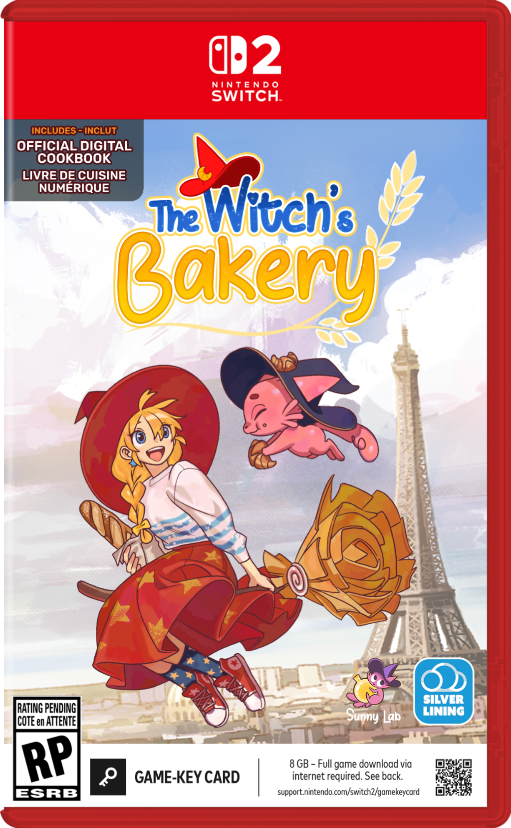 A 2 NINTENDO SWITCH. O INCLUDES-INCLUT OFFICIAL DIGITAL COOKBOOK LIVRE DE CUISINE NUMÉRIQUE The Witch's Bakery SILVER Lining COTE en ATTENTE RP ? GAME-KEY CARD 8 GB - Full game download via internet required. See back. support.nintendo.com/switch2/gamekeycard