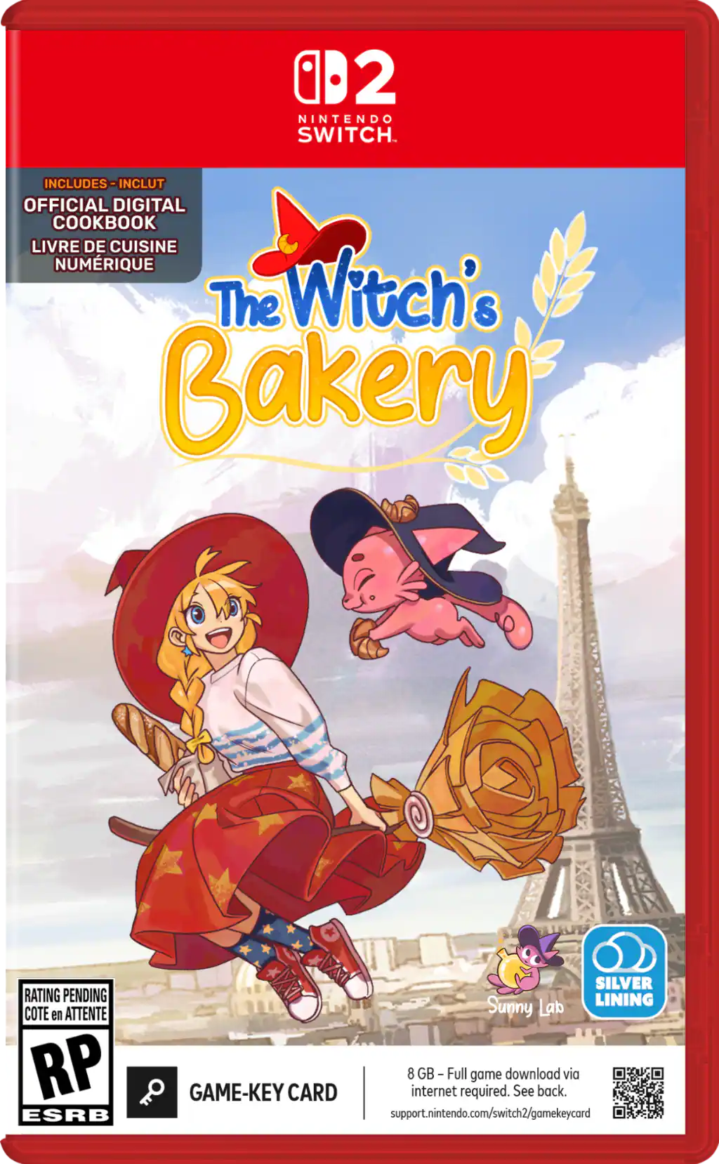 A 2 NINTENDO SWITCH. O INCLUDES-INCLUT OFFICIAL DIGITAL COOKBOOK LIVRE DE CUISINE NUMÉRIQUE The Witch's Bakery SILVER Lining COTE en ATTENTE RP ? GAME-KEY CARD 8 GB - Full game download via internet required. See back. support.nintendo.com/switch2/gamekeycard