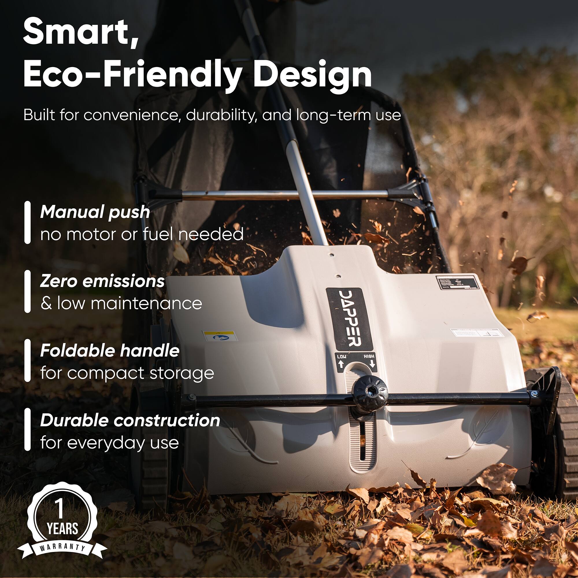 Smart, Eco-Friendly Design  
Built for convenience, durability, and long-term use  

- Manual push  
  no motor or fuel needed  

- Zero emissions  
  & low maintenance  

- Foldable handle  
  for compact storage  

- Durable construction  
  for everyday use  

1 YEARS WARRANTY