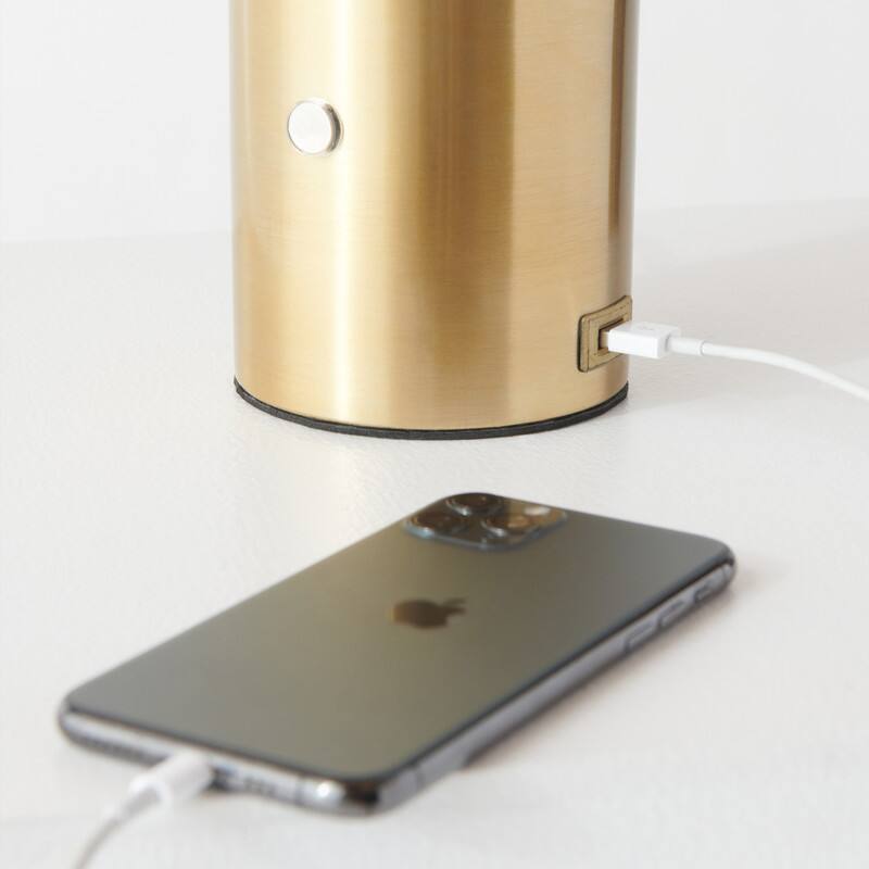 Back. Brightech - Kai LED Modern Contemporary Round Globe Dimmable Bedside Nightstand Desk Lamp with Fast Charging USB Port - Antiqued Brass.