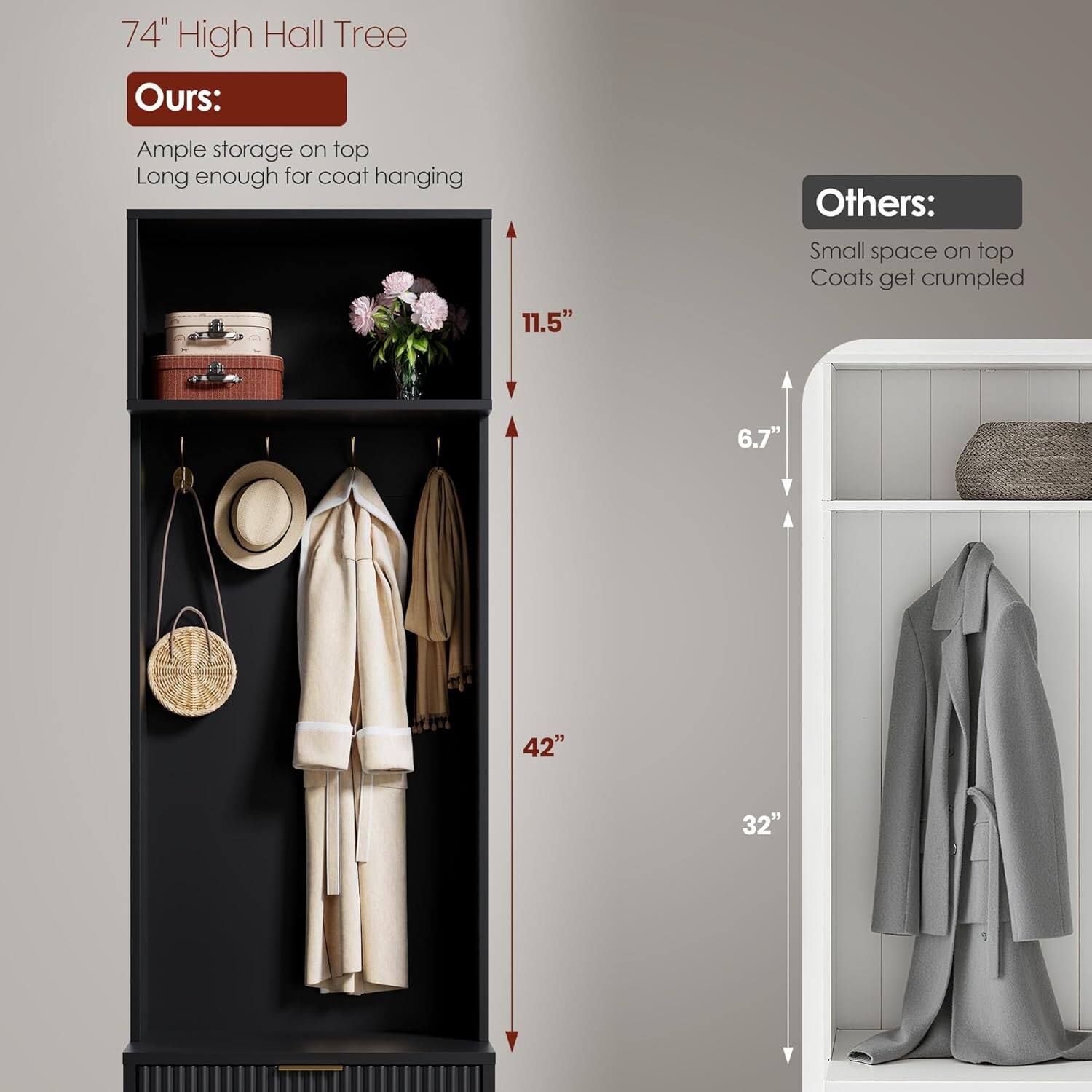 74" High Hall Tree

Ours:
- Ample storage on top
- Long enough for coat hanging

Others:
- Small space on top
- Coats get crumpled

Dimensions:
- 11.5"
- 42"
- 6.7"
- 32"