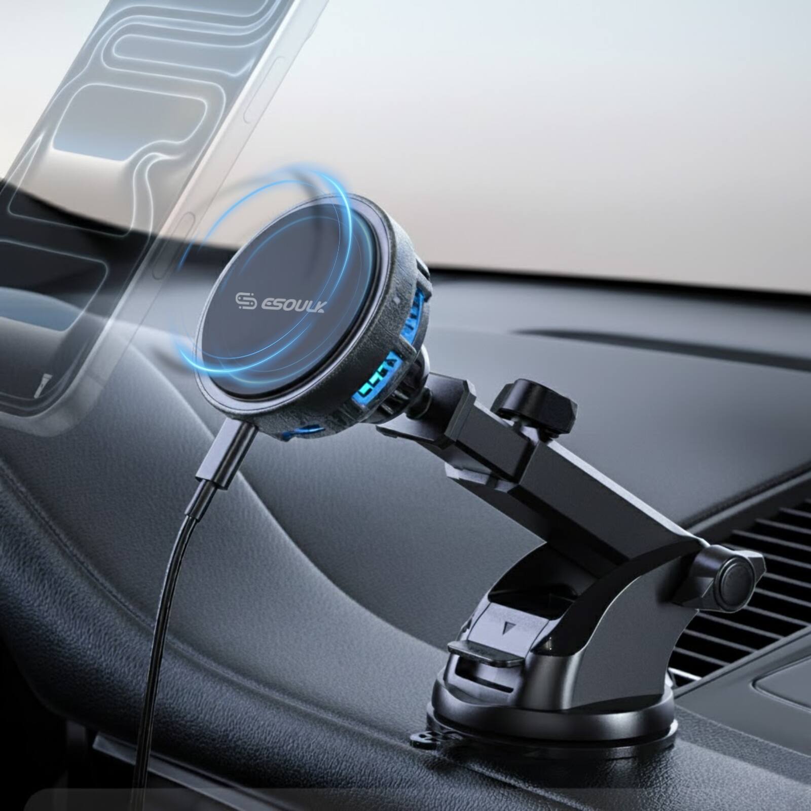 Esoulk - 25W Qi 2.2 Cooling Magnetic Wireless Car Charger  For Dashboard and Windshield Compatible with iPhone 17 Pro Max - Black