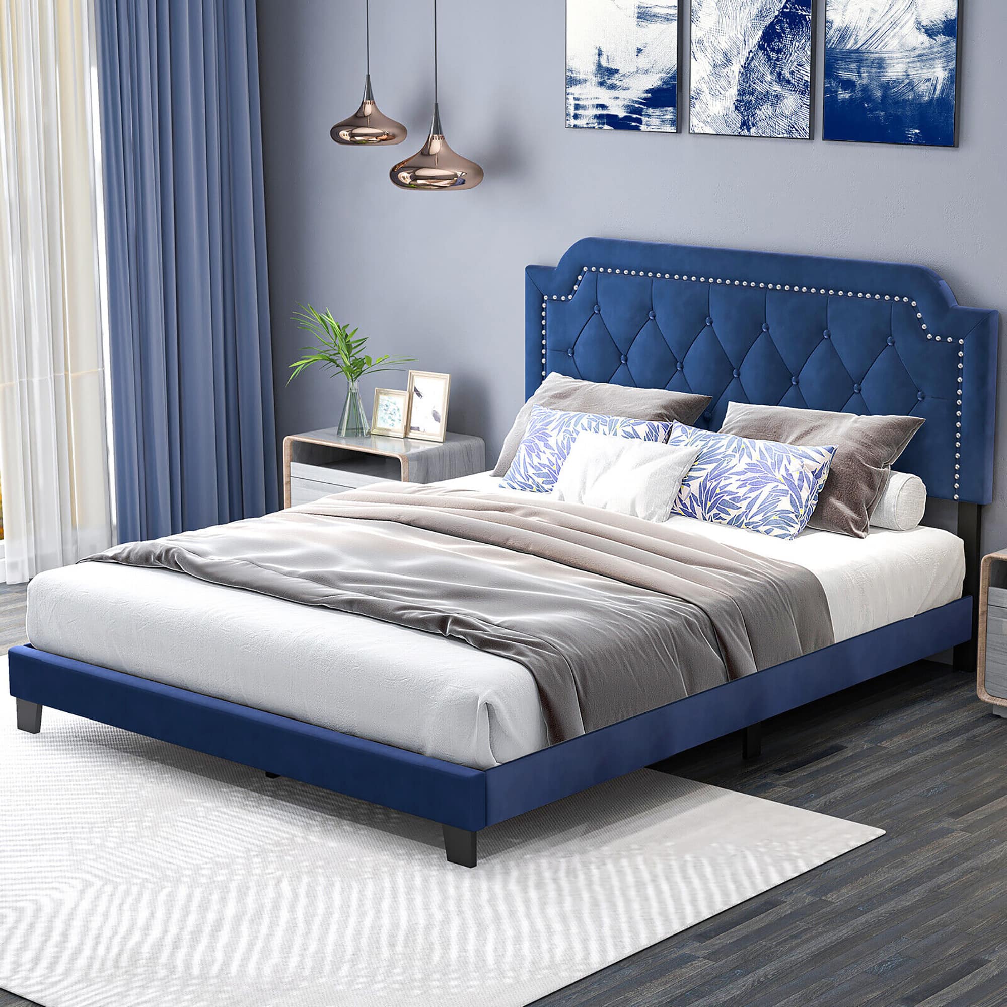 Gymax - Queen Size Velvet Platform Bed w/ Button Tufted & Nailhead Trim Headboard - Blue