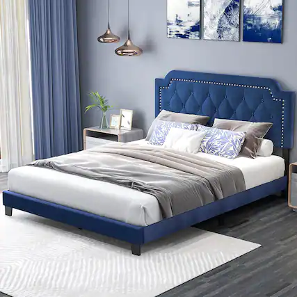 Front. Gymax - Gymax Queen Size Velvet Platform Bed w/ Button Tufted & Nailhead Trim Headboard - Blue.