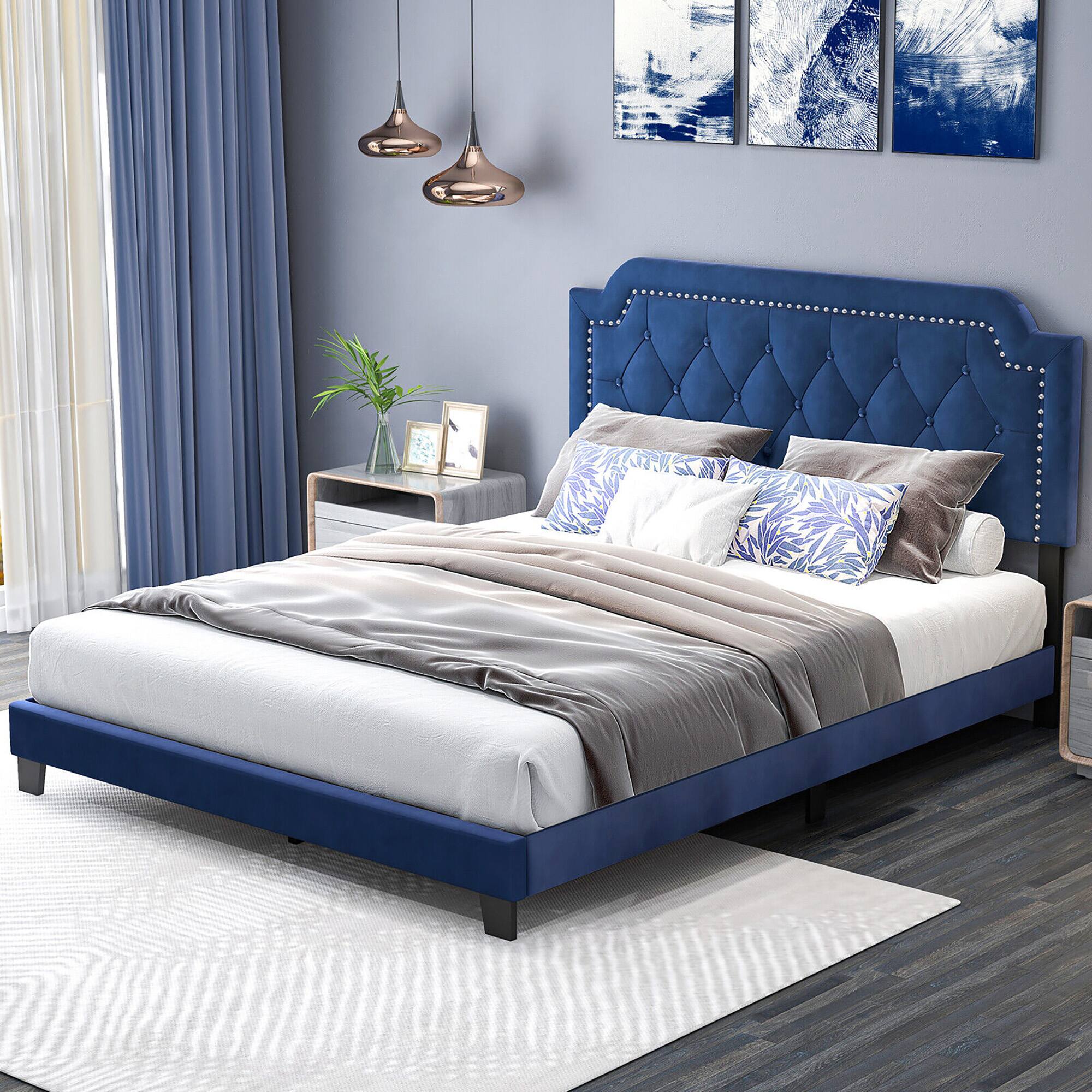 Gymax - Queen Size Velvet Platform Bed w/ Button Tufted & Nailhead Trim Headboard - Blue