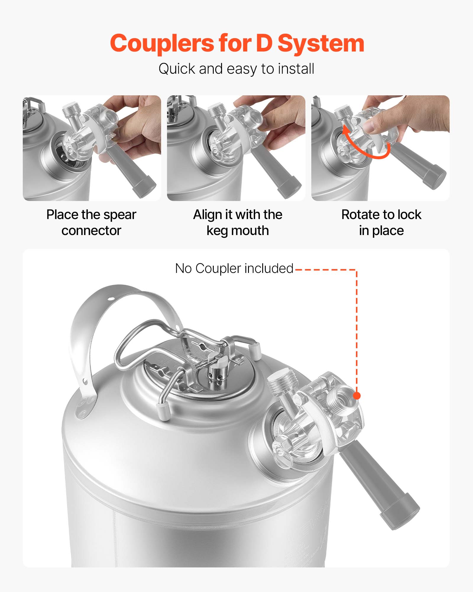 Couplers for D System  
Quick and easy to install

Place the spear connector  
Align it with the keg mouth  
Rotate to lock in place

No Coupler included